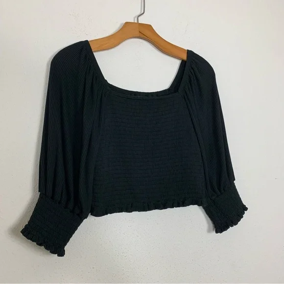 Anthropologie Black Smocked Puff Sleeve Top Sz Extra Small Petite - Picture 5 of 8